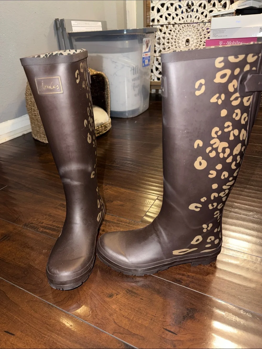 Joules Brown Rain Boots with Leopard Accent